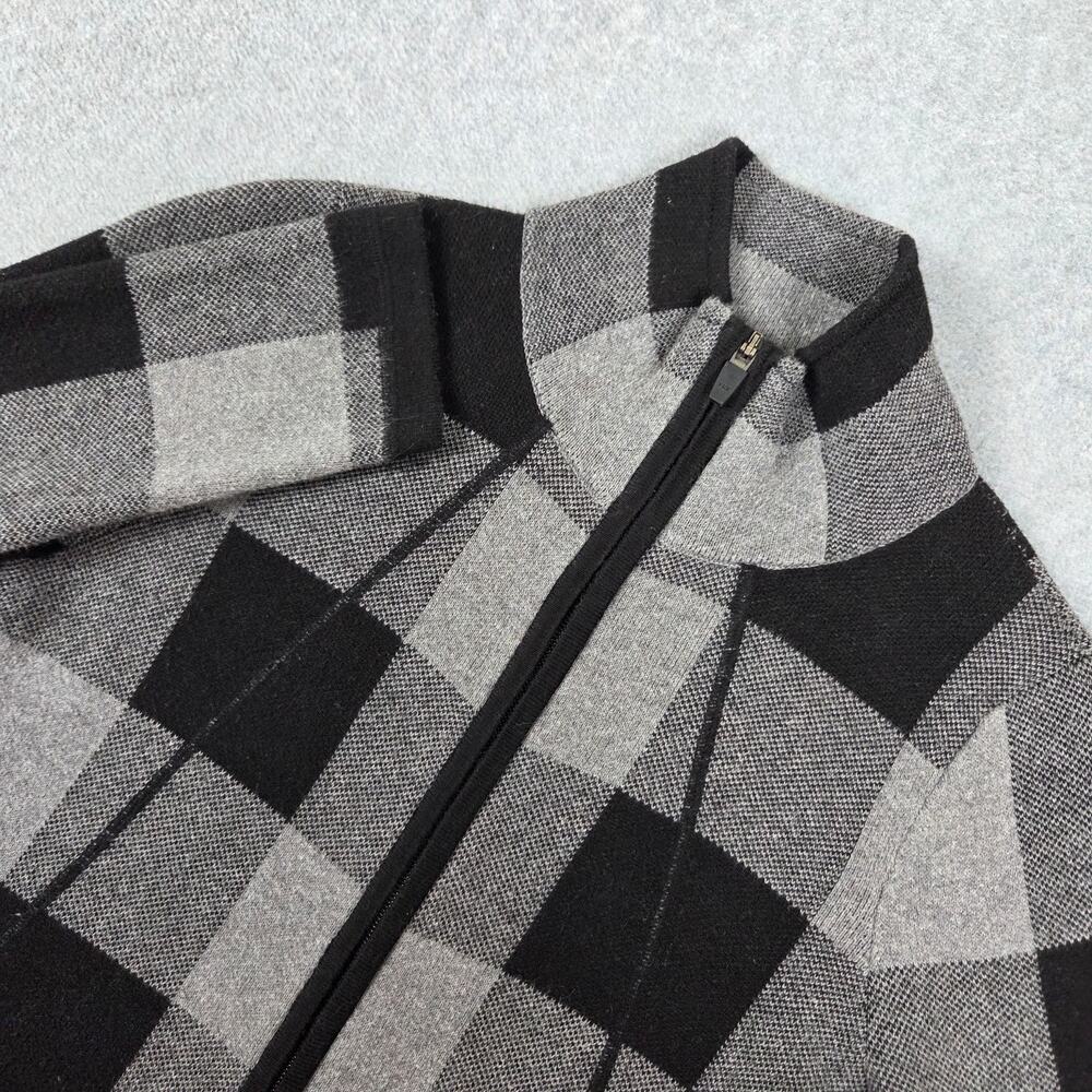 Adrienne Vittadini Small Black Gray Buffalo Check Zip Front Sweater Pockets